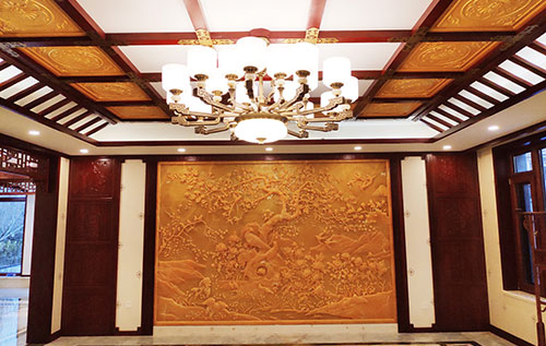 来安中式别墅客厅中式木作横梁吊顶装饰展示